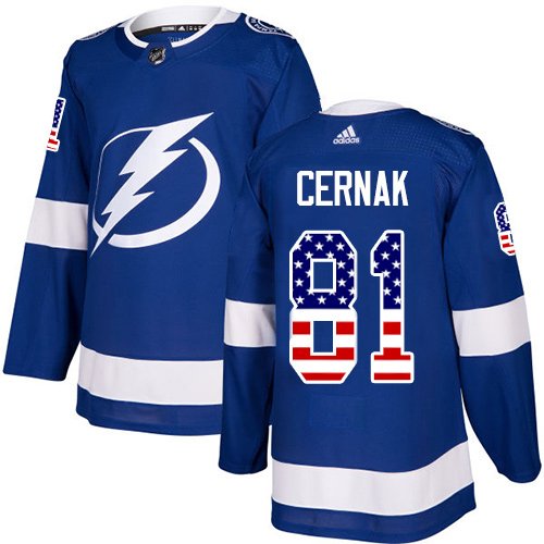 Adidas Tampa Bay Lightning Men #81 Erik Cernak Blue Home Authentic USA Flag Stitched NHL Jersey